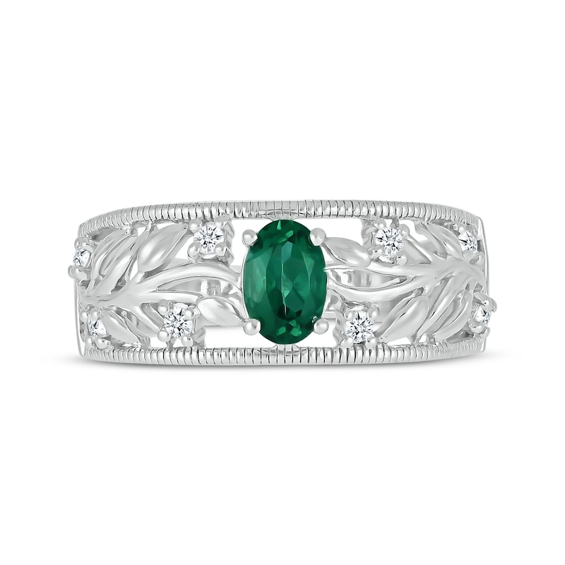 Oval-Cut Lab-Created Emerald & White Lab-Created Sapphire Filigree Ring Sterling Silver