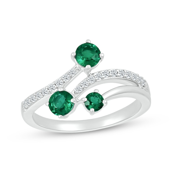 Lab-Created Emerald & White Lab-Created Sapphire Bypass Ring Sterling Silver