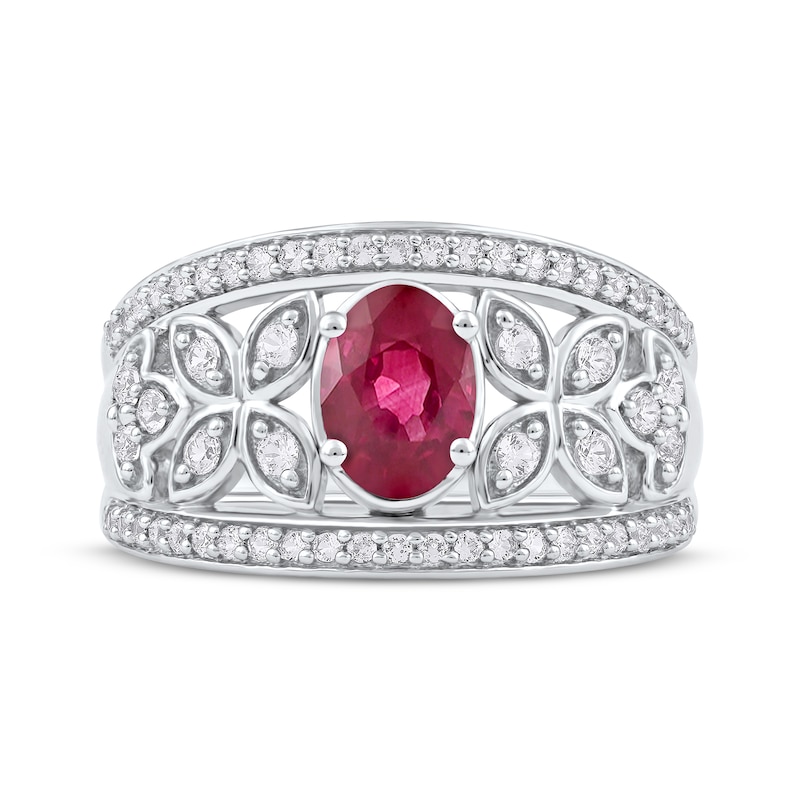 Oval-Cut Lab-Created Ruby & White Lab-Created Sapphire Filigree Ring Sterling Silver