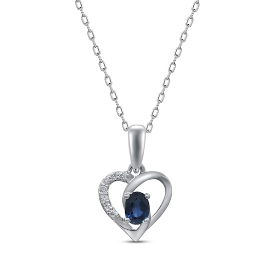 Oval-Cut Blue Sapphire & Diamond Accent Heart Necklace 10K White Gold 18"