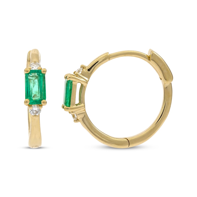 Main Image 1 of Emerald-Cut Emerald & Diamond Huggie Hoop Earrings 1/15 ct tw 10K Yellow Gold