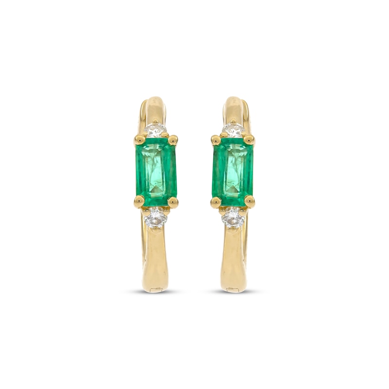 Main Image 2 of Emerald-Cut Emerald & Diamond Huggie Hoop Earrings 1/15 ct tw 10K Yellow Gold