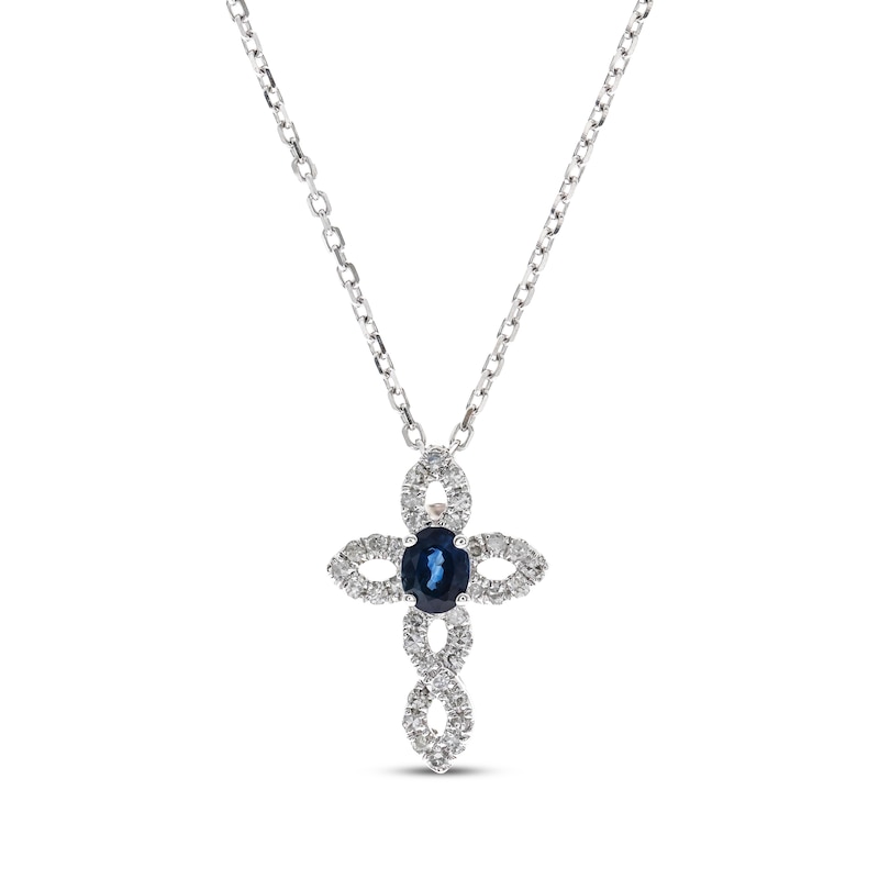 Main Image 1 of Oval-Cut Sapphire & Diamond Twist Cross Necklace 1/8 ct tw 10K White Gold 18&quot;