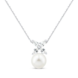 Cultured Pearl & Marquise-Cut White Lab-Created Sapphire Necklace Sterling Silver 18"