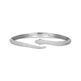 Lab-Created Emerald & White Lab-Created Sapphire Snake Bypass Bangle Bracelet Sterling Silver