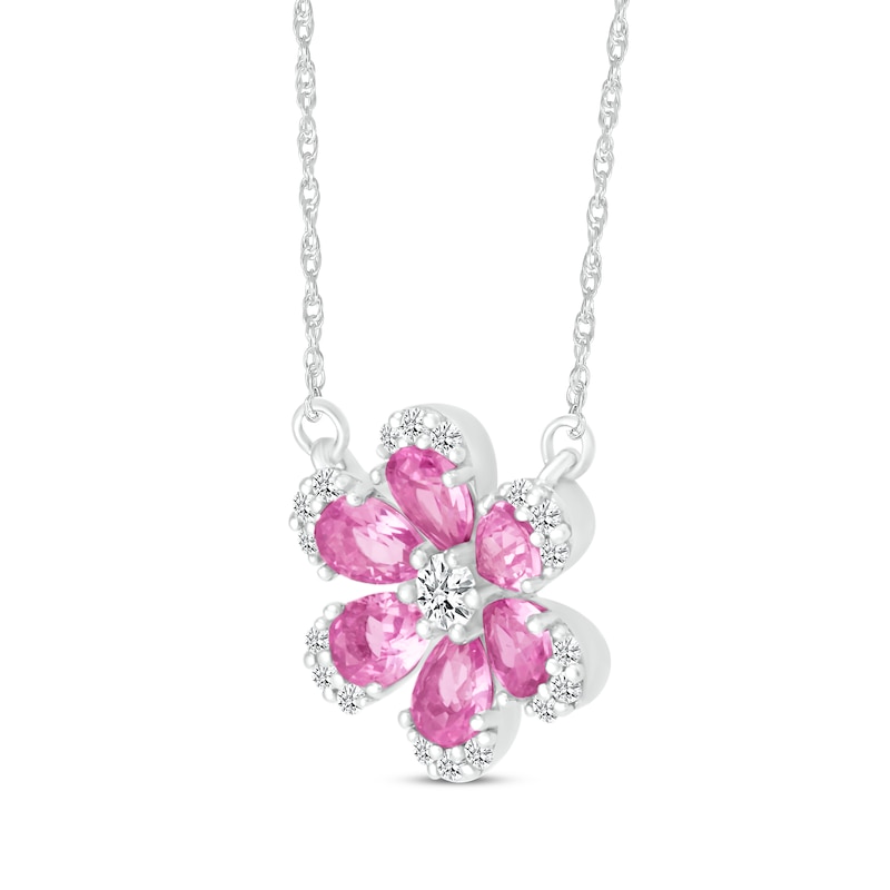 Main Image 2 of Pear-Shaped Pink Lab-Created Sapphire & White Lab-Created Sapphire Flower Necklace Sterling Silver 18&quot;