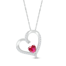 Heart-Shaped Lab-Created Ruby & White Lab-Created Sapphire Tilted Heart Necklace Sterling Silver 18&quot;