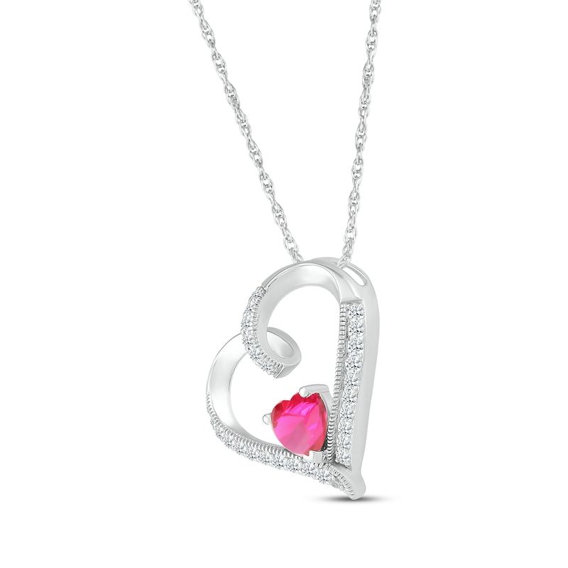 Main Image 2 of Heart-Shaped Lab-Created Ruby & White Lab-Created Sapphire Tilted Heart Necklace Sterling Silver 18&quot;