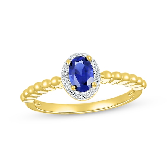 Oval-Cut Blue Lab-Created Sapphire & White Lab-Created Sapphire Beaded Ring 10K Yellow Gold