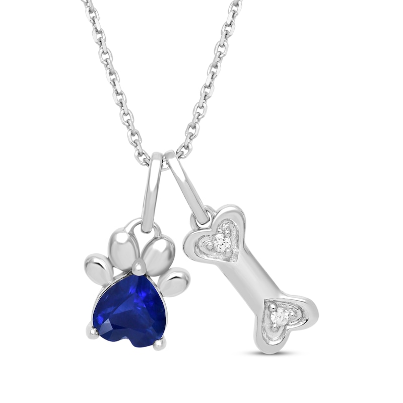 Main Image 1 of Heart-Shaped Blue Lab-Created Sapphire & White Lab-Created Sapphire Dog Paw & Bone Necklace Sterling Silver 18&quot;