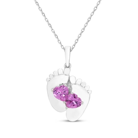 Heart-Shaped Pink Lab-Created Sapphire Baby Feet Necklace Sterling Silver 18"