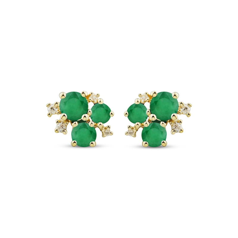 Main Image 2 of Emerald Trio & Diamond Cluster Stud Earrings 1/20 ct tw 10K Yellow Gold