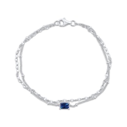 Emerald-Cut Blue Lab-Created Sapphire Double Strand Bracelet Sterling Silver 7.5&quot;