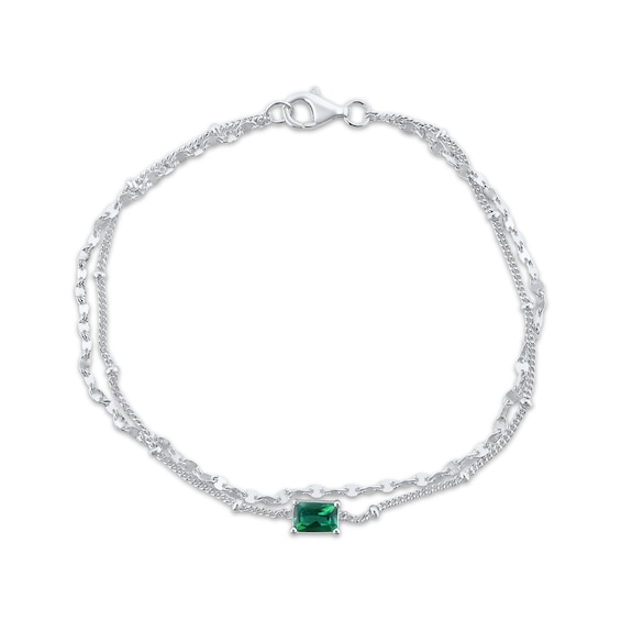 Emerald-Cut Lab-Created Emerald Double Strand Bracelet Sterling Silver 7.5"