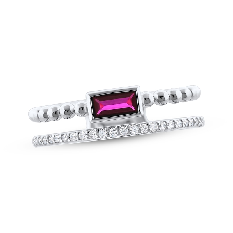 Main Image 1 of Baguette-Cut Lab-Created Ruby & White Lab-Created Sapphire Faux Stack Ring Sterling Silver