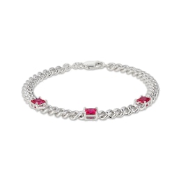 Square-Cut Lab-Created Ruby Station Curb Chain Bracelet Sterling Silver 7.25&quot;
