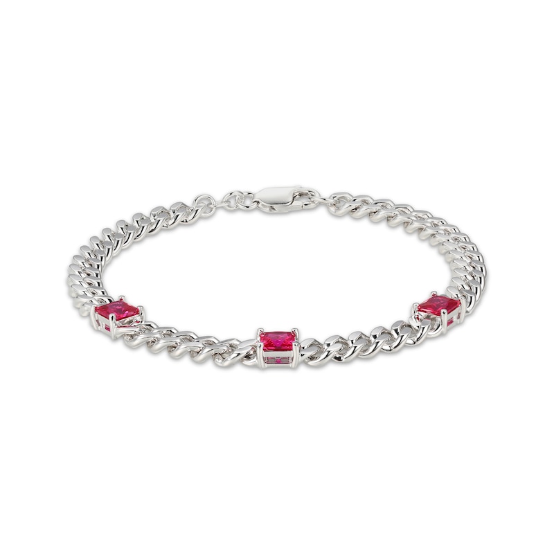 Square-Cut Lab-Created Ruby Station Curb Chain Bracelet Sterling Silver 7.25"