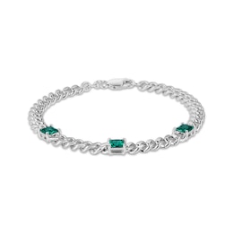 Square-Cut Lab-Created Emerald Station Curb Chain Bracelet Sterling Silver 7.25&quot;