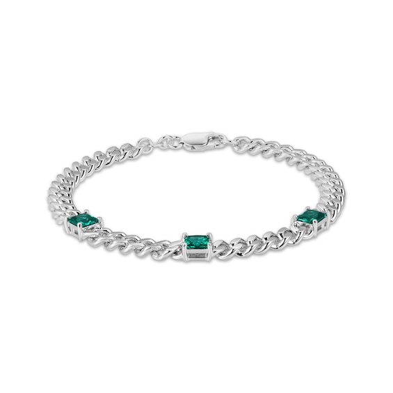 Square-Cut Lab-Created Emerald Station Curb Chain Bracelet Sterling Silver 7.25"