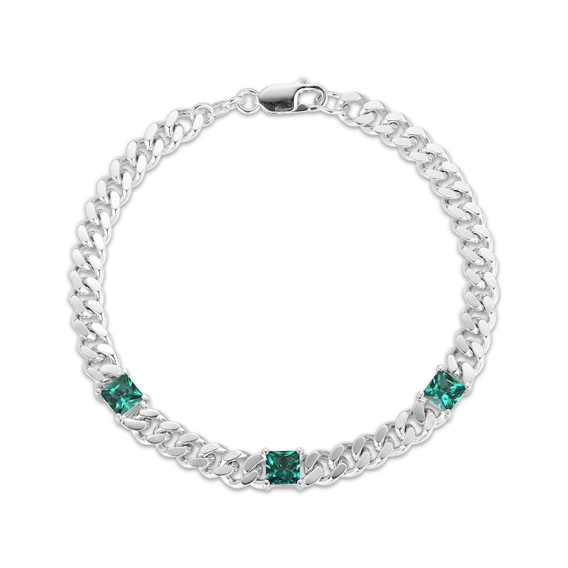 Square-Cut Lab-Created Emerald Station Curb Chain Bracelet Sterling Silver 7.25"