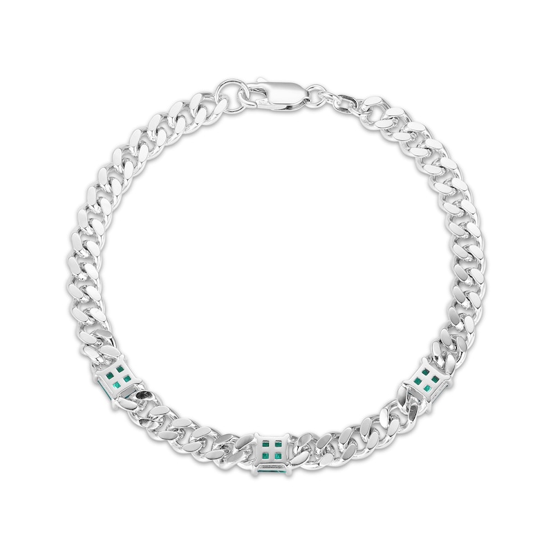 Square-Cut Lab-Created Emerald Station Curb Chain Bracelet Sterling Silver 7.25"