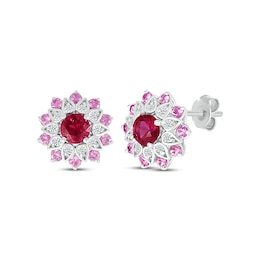 Lab-Created Ruby, Pink & White Lab-Created Sapphire Flower Stud Earrings Sterling Silver