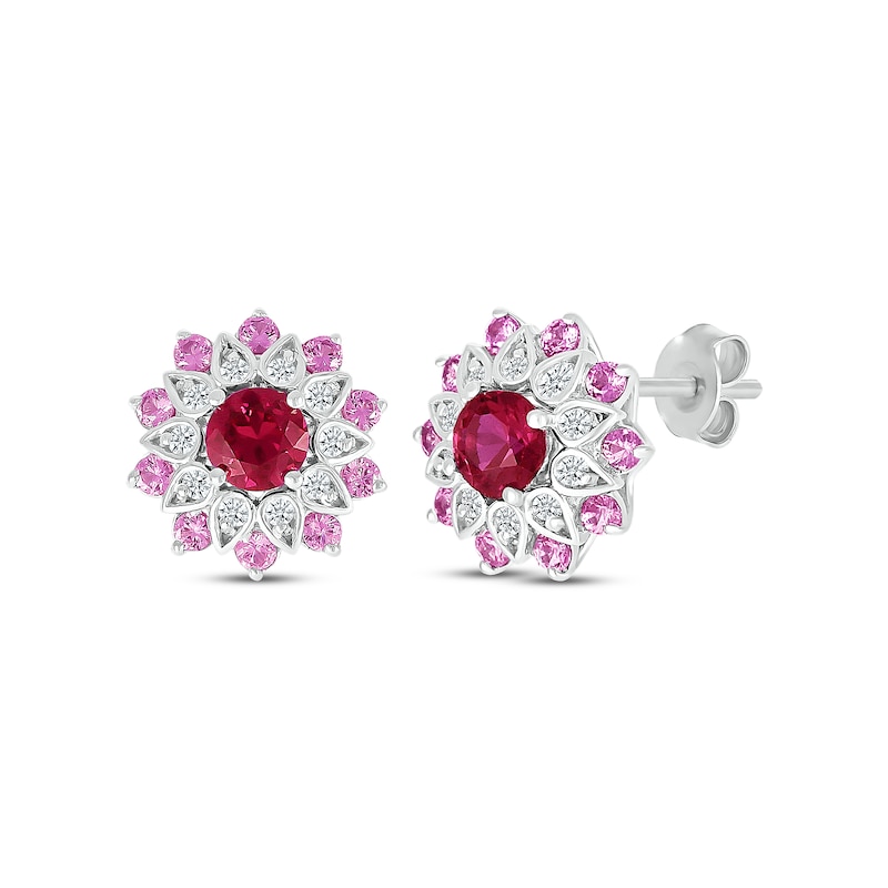 Main Image 1 of Lab-Created Ruby, Pink & White Lab-Created Sapphire Flower Stud Earrings Sterling Silver