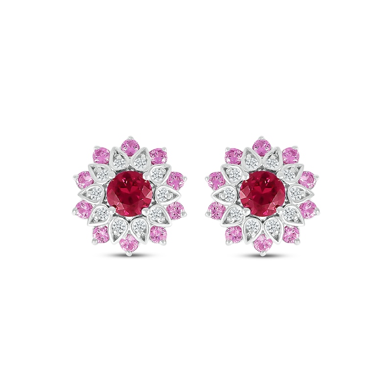 Main Image 2 of Lab-Created Ruby, Pink & White Lab-Created Sapphire Flower Stud Earrings Sterling Silver