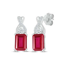 Emerald-Cut Lab-Created Ruby & White Lab-Created Sapphire Drop Earrings Sterling Silver