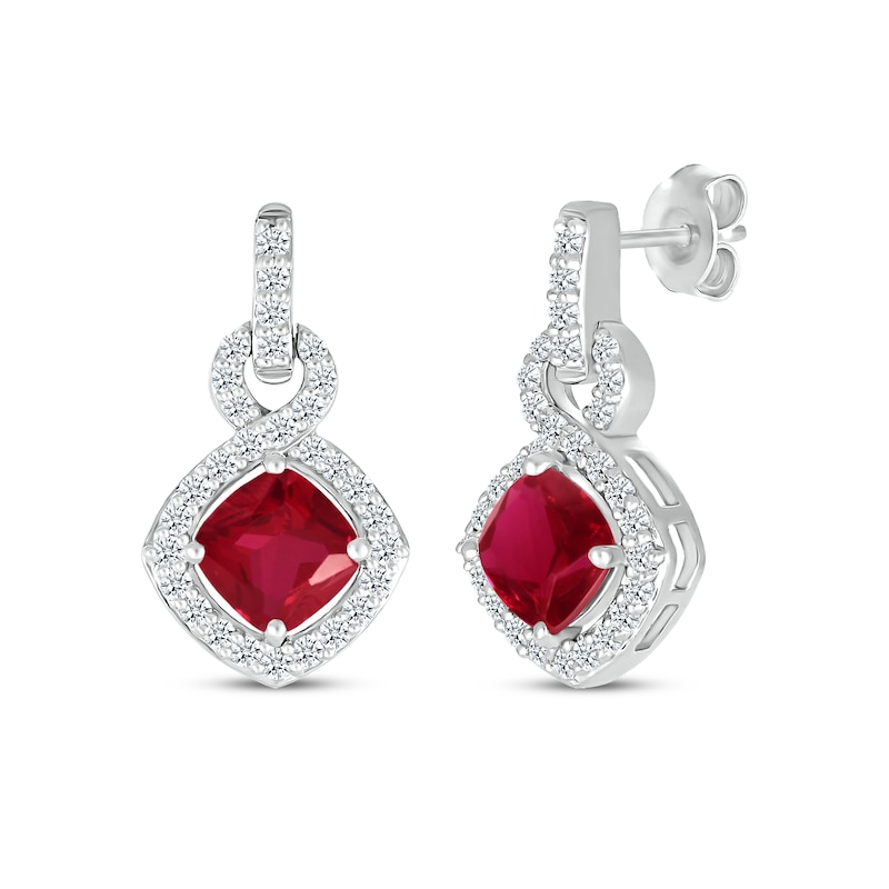 Main Image 1 of Cushion-Cut Lab-Created Ruby & Diamond Doorknocker Earrings 1/3 ct tw Sterling Silver