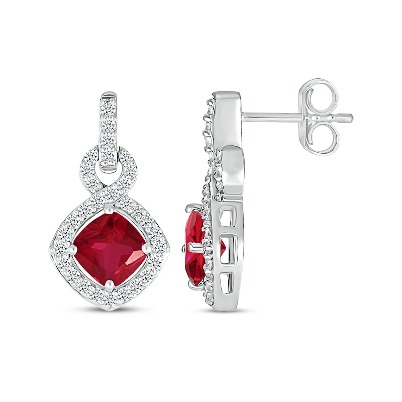 Main Image 3 of Cushion-Cut Lab-Created Ruby & Diamond Doorknocker Earrings 1/3 ct tw Sterling Silver