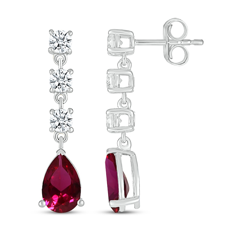 Main Image 3 of Pear-Shaped Lab-Created Ruby & White Lab-Created Sapphire Dangle Earrings Sterling Silver