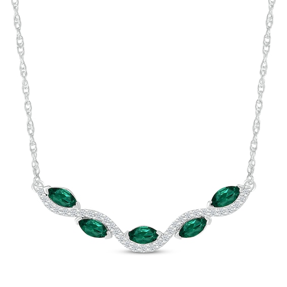 Marquise-Cut Lab-Created Emerald & White Lab-Created Sapphire Smile Necklace Sterling Silver 18"