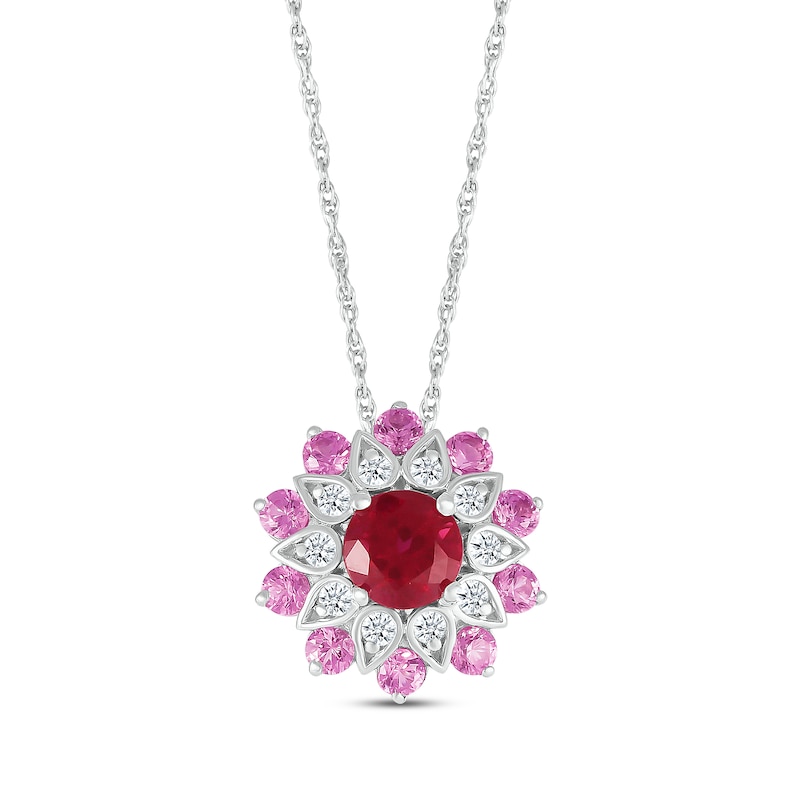 Main Image 1 of Lab-Created Ruby, Pink & White Lab-Created Sapphire Flower Necklace Sterling Silver 18&quot;