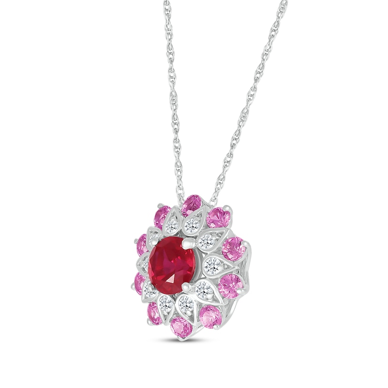 Main Image 2 of Lab-Created Ruby, Pink & White Lab-Created Sapphire Flower Necklace Sterling Silver 18&quot;