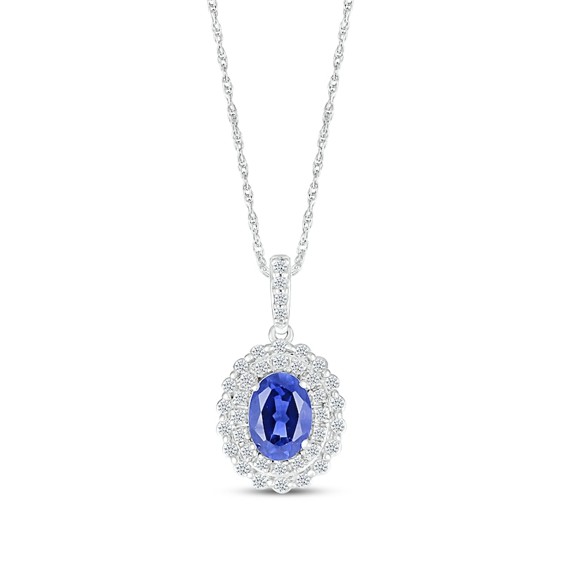 Main Image 1 of Oval-Cut Blue Lab-Created Sapphire & White Lab-Created Sapphire Double Halo Necklace Sterling Silver 18&quot;