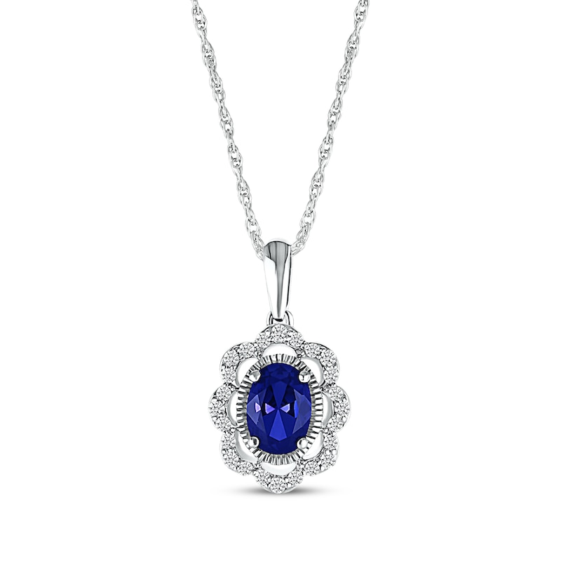 Main Image 1 of Oval-Cut Blue Lab-Created Sapphire & White Lab-Created Sapphire Scallop Frame Necklace Sterling Silver 18&quot;