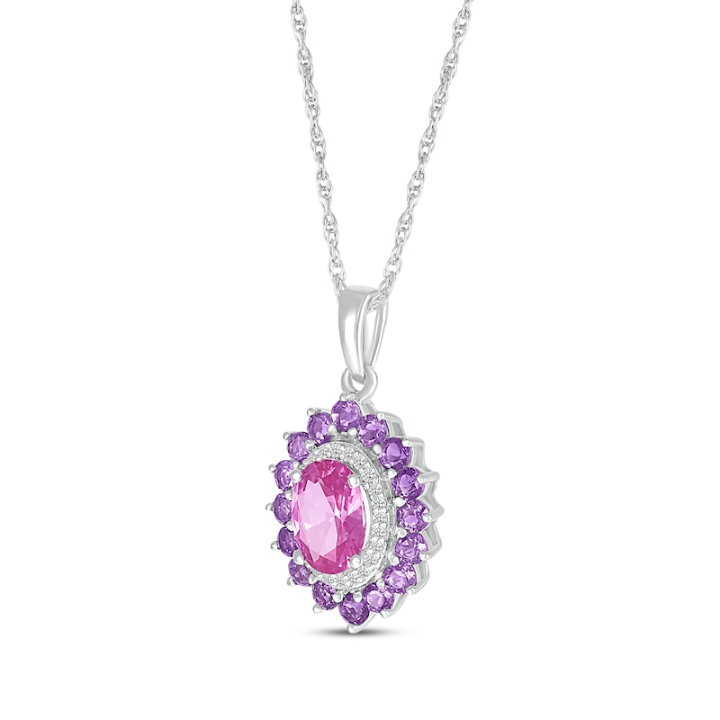 Main Image 2 of Oval-Cut Pink Lab-Created Sapphire, White Lab-Created Sapphire & Amethyst Necklace Sterling Silver 18&quot;