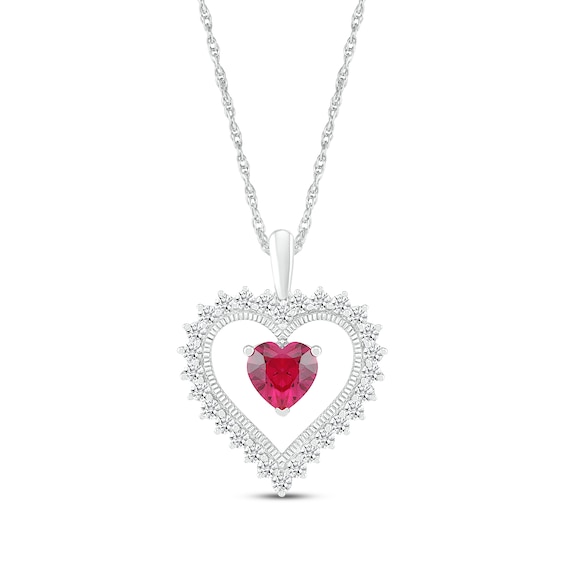 Heart-Shaped Lab-Created Ruby & White Lab-Created Sapphire Heart Frame Necklace Sterling Silver 18"