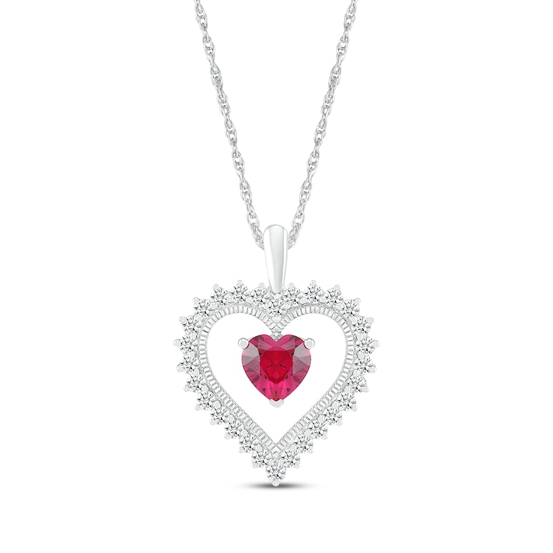 Main Image 1 of Heart-Shaped Lab-Created Ruby & White Lab-Created Sapphire Heart Frame Necklace Sterling Silver 18&quot;