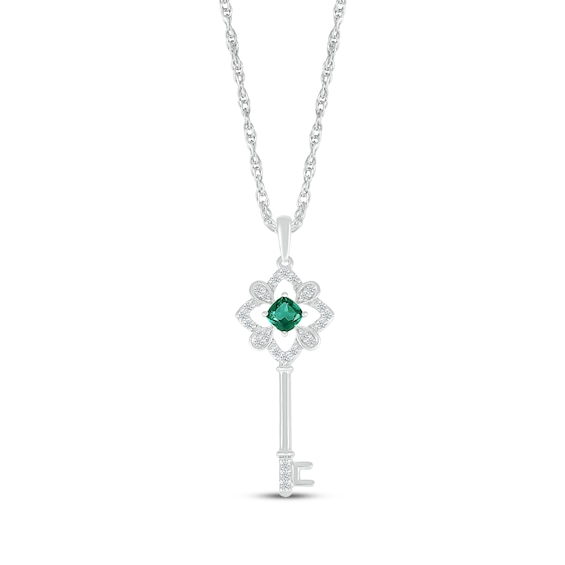 Cushion-Cut Lab-Created Emerald & White Lab-Created Sapphire Key Necklace Sterling Silver 18"