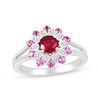 Thumbnail Image 1 of Lab-Created Ruby, Pink & White Lab-Created Sapphire Flower Ring Sterling Silver