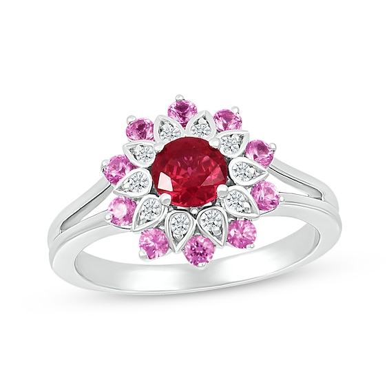 Lab-Created Ruby, Pink & White Lab-Created Sapphire Flower Ring Sterling Silver