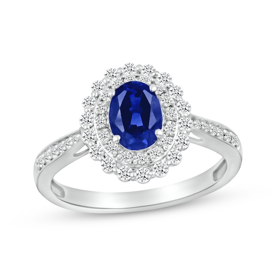 Oval-Cut Blue Lab-Created Sapphire & White Lab-Created Sapphire Double Halo Ring Sterling Silver