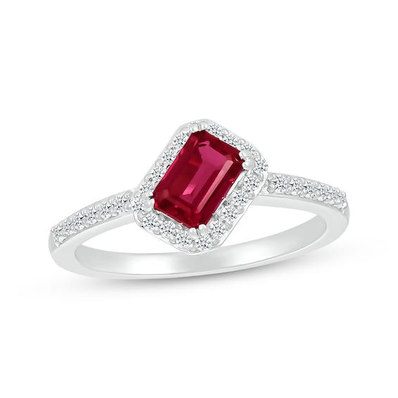 Emerald-Cut Lab-Created Ruby & White Lab-Created Sapphire Tilted Ring Sterling Silver