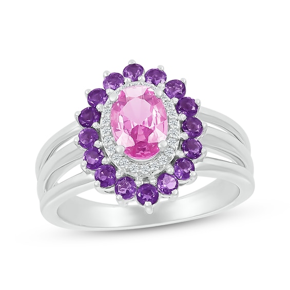 Oval-Cut Pink Lab-Created Sapphire, White Lab-Created Sapphire & Amethyst Ring Sterling Silver