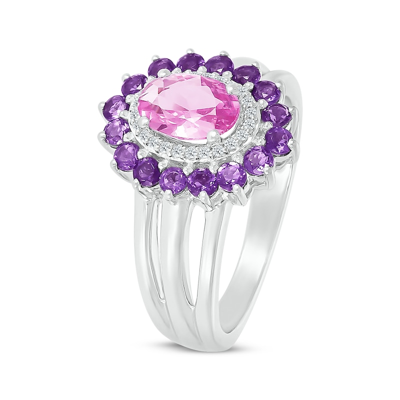 Main Image 2 of Oval-Cut Pink Lab-Created Sapphire, White Lab-Created Sapphire & Amethyst Ring Sterling Silver