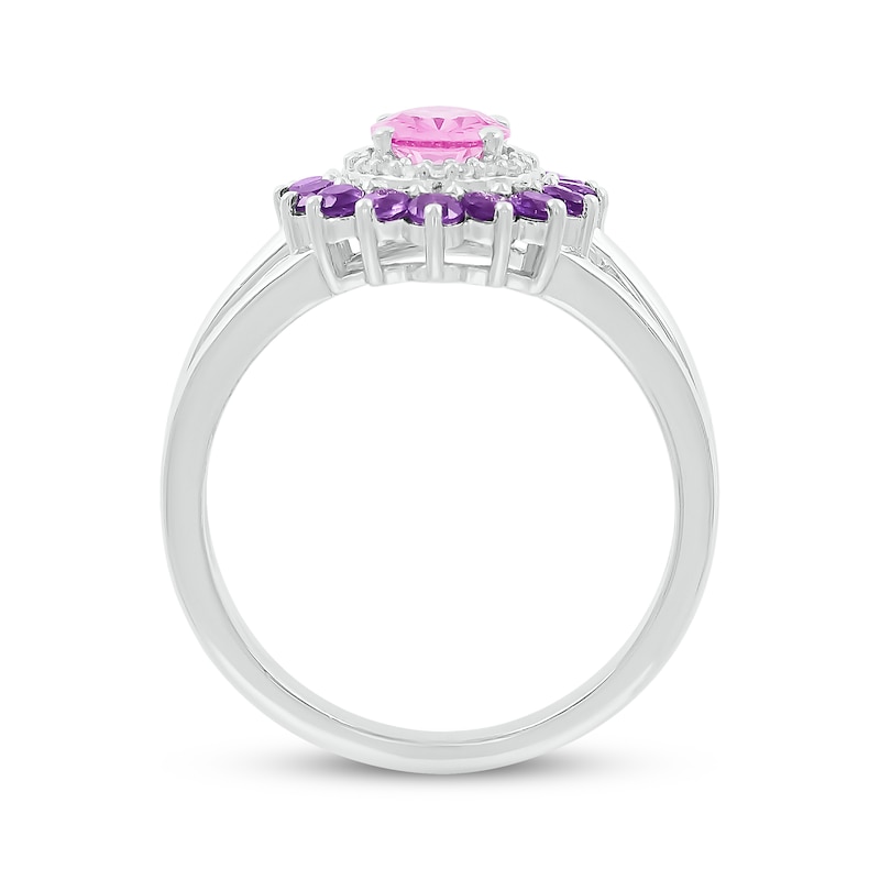 Main Image 3 of Oval-Cut Pink Lab-Created Sapphire, White Lab-Created Sapphire & Amethyst Ring Sterling Silver