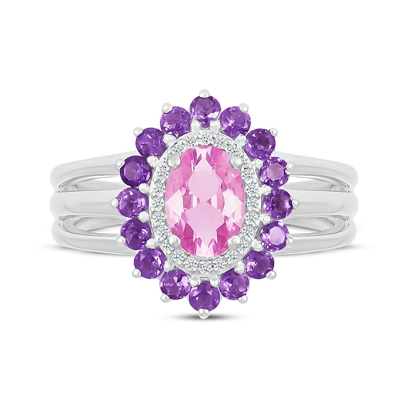 Main Image 4 of Oval-Cut Pink Lab-Created Sapphire, White Lab-Created Sapphire & Amethyst Ring Sterling Silver