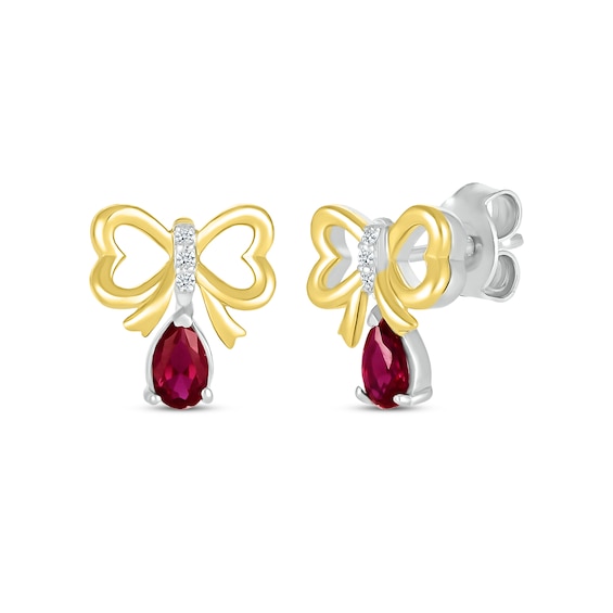 Pear-Shaped Lab-Created Ruby & White Lab-Created Sapphire Bow Drop Earrings Sterling Silver & 10K Yellow Gold